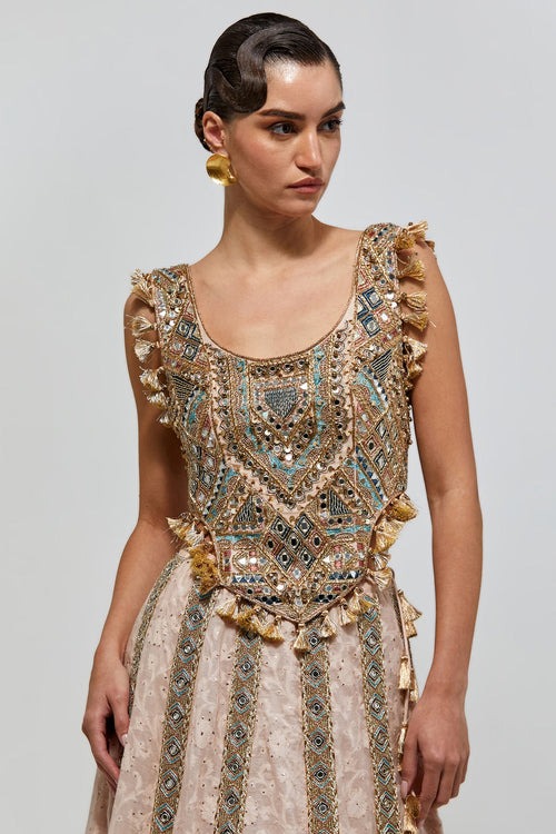 Blush Lehenga with Vertical Mirror-Embroidered Panels and Heritage Blouse