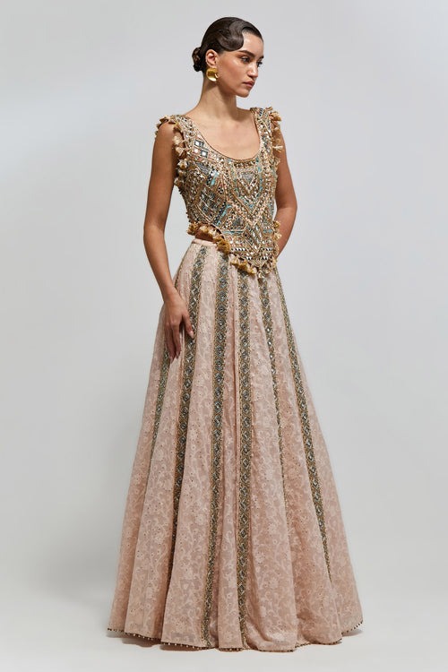 Blush Lehenga with Vertical Mirror-Embroidered Panels and Heritage Blouse