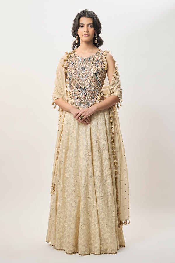 Ivory Lehenga with Mirror-Embroidered Heritage Blouse and Sheer Dupatta