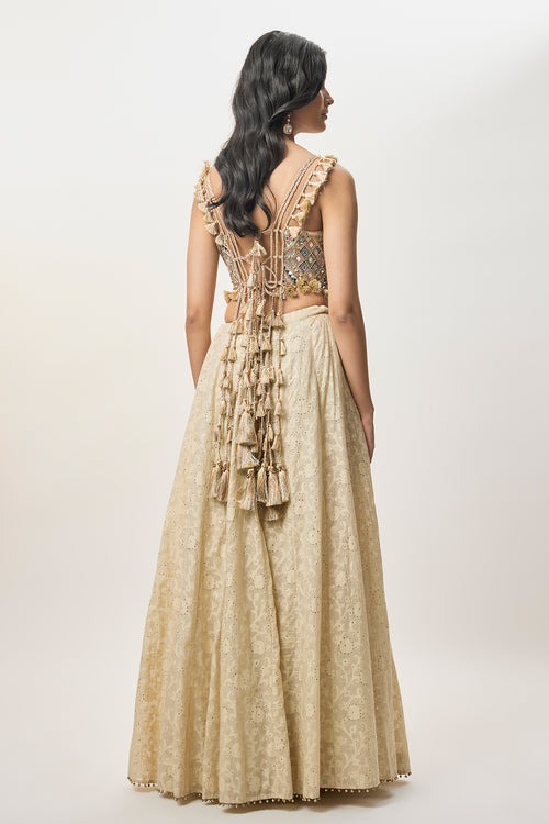 Ivory Lehenga with Mirror-Embroidered Heritage Blouse and Sheer Dupatta