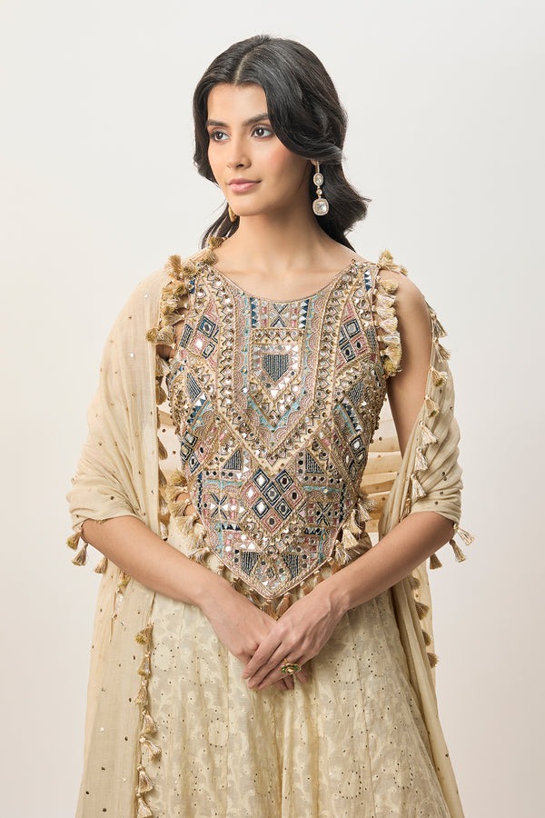 Ivory Lehenga with Mirror-Embroidered Heritage Blouse and Sheer Dupatta