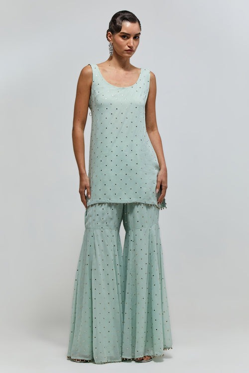 Mint Sharara Set with Embellished Cape Jacket and Beaded Fringe