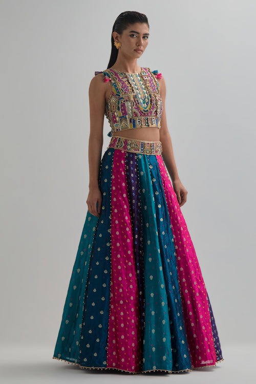 Multicolour Panelled Lehenga with Mirror-Embroidered Heritage Blouse