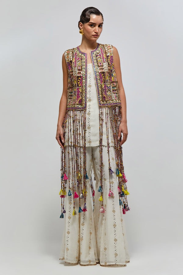 Ivory Kurta Set with Multicolour Mirror-Embroidered Jacket and Beaded Fringe