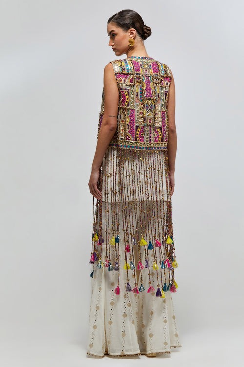 Ivory Kurta Set with Multicolour Mirror-Embroidered Jacket and Beaded Fringe