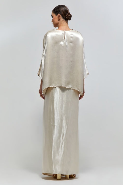 Ivory Satin Kaftan Ensemble with Multicolour Embellished Neckline
