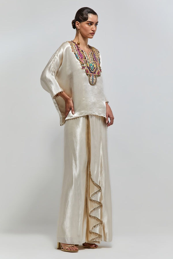 Ivory Satin Kaftan Ensemble with Multicolour Embellished Neckline