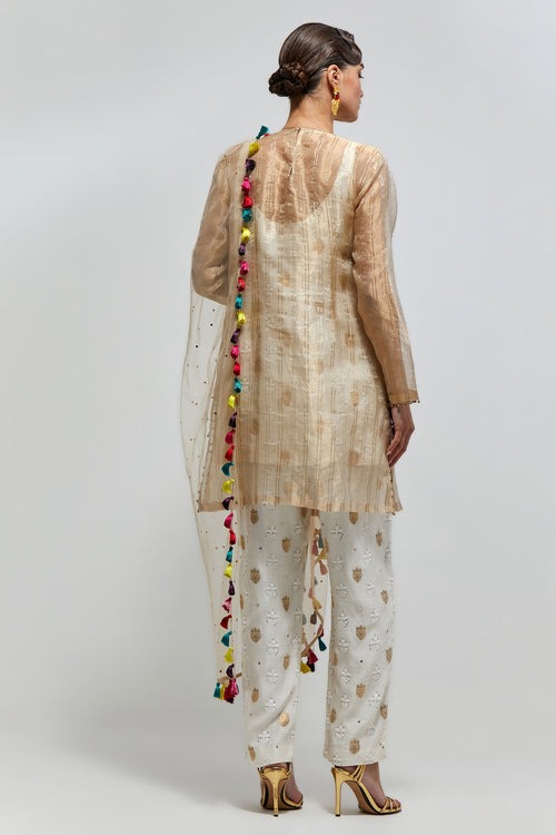 Champagne Kurta Suit with Multicolour Mirror-Embroidered Yoke and Tasselled Dupatta
