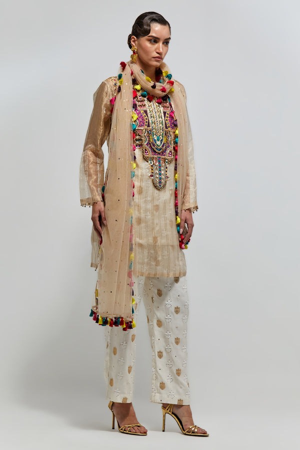 Champagne Kurta Suit with Multicolour Mirror-Embroidered Yoke and Tasselled Dupatta