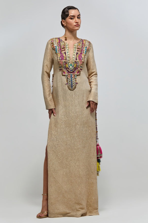 Gold Textured Kaftan with Multicolour Mirror-Embroidered Yoke