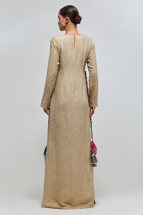 Gold Textured Kaftan with Multicolour Mirror-Embroidered Yoke