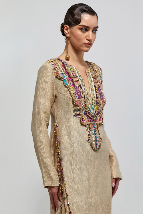 Gold Textured Kaftan with Multicolour Mirror-Embroidered Yoke