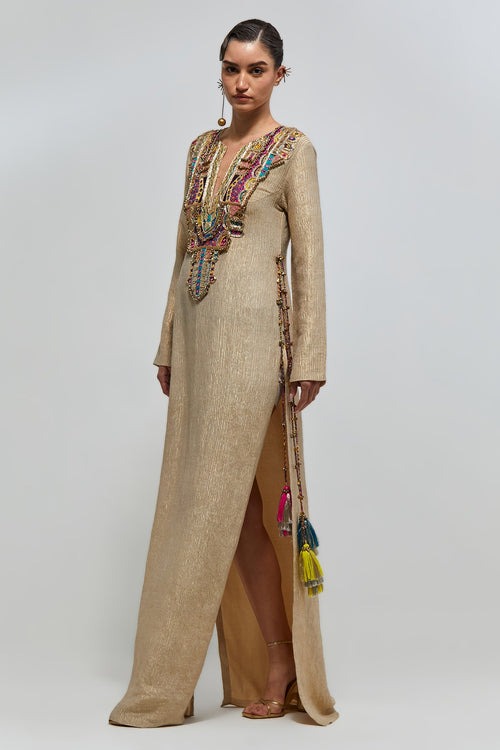 Gold Textured Kaftan with Multicolour Mirror-Embroidered Yoke