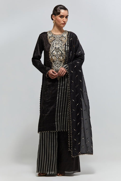 Black Kurta Suit with Antique Gold Zardozi Embroidery and Striped Accents