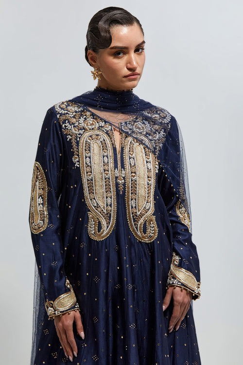 Midnight Blue Anarkali with Gold Paisley Zardozi Embroidery and Sheer Dupatta