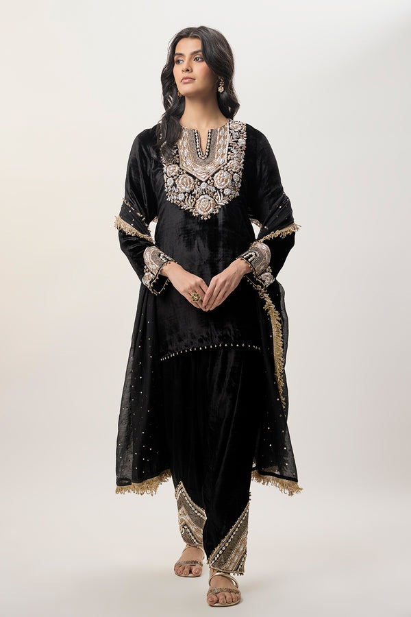 Black Velvet Kurta Suit with Antique Gold Floral Zardozi Embroidery