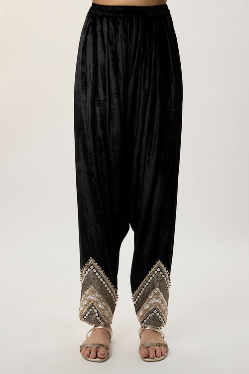 Black Velvet Kurta Suit with Antique Gold Floral Zardozi Embroidery