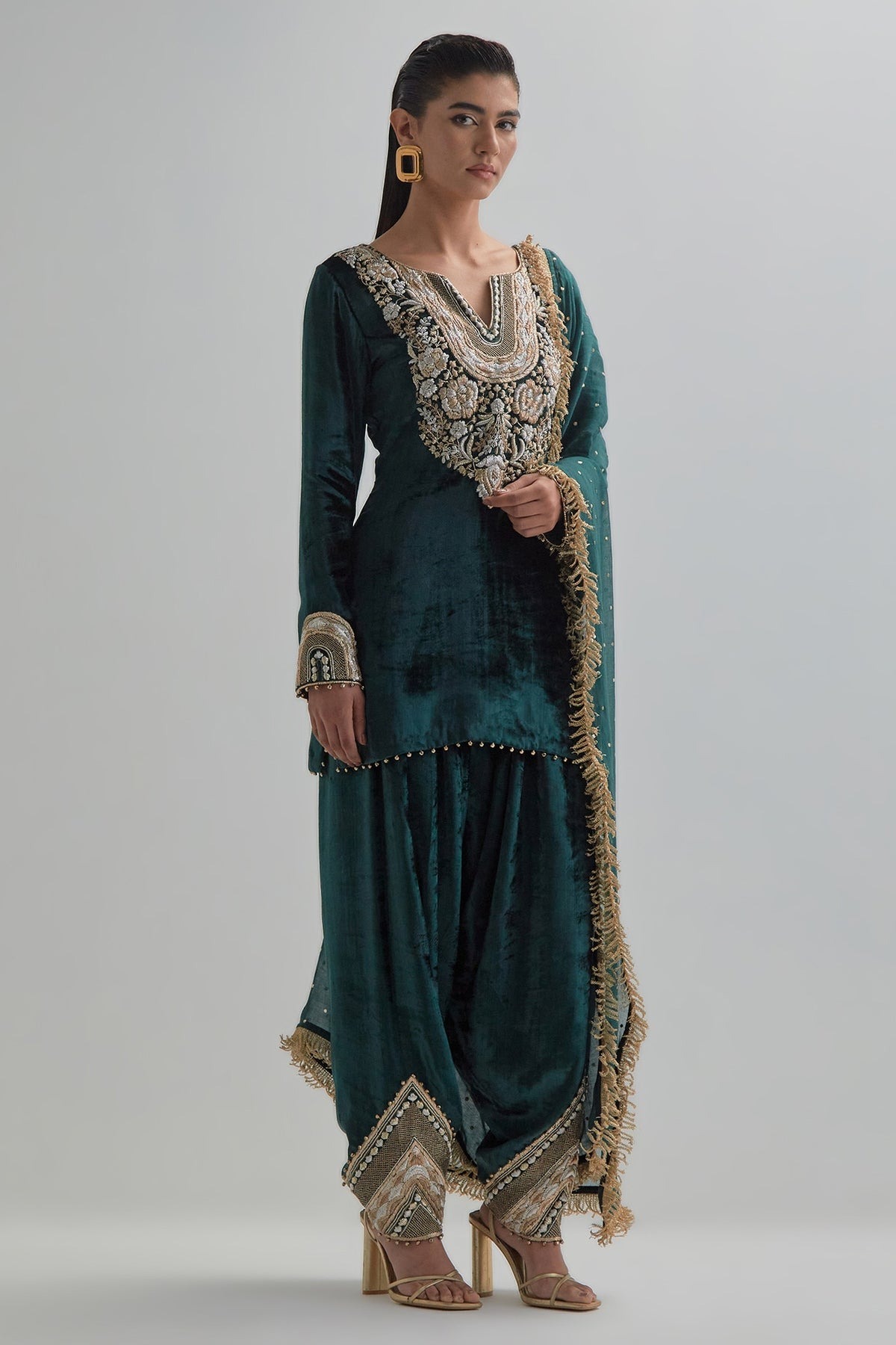 Emerald Velvet Kurta Suit with Antique Gold Floral Zardozi Embroidery