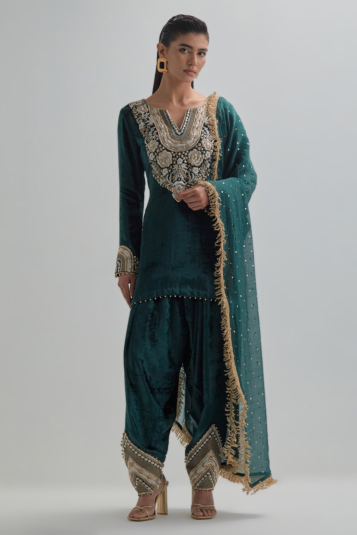 Emerald Velvet Kurta Suit with Antique Gold Floral Zardozi Embroidery