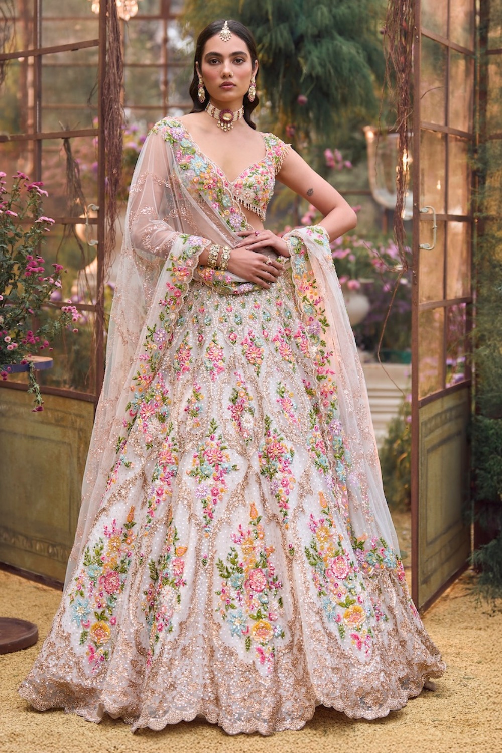 Blush Ivory Lehenga with Pastel Floral Zardozi and Sequin Embroidery