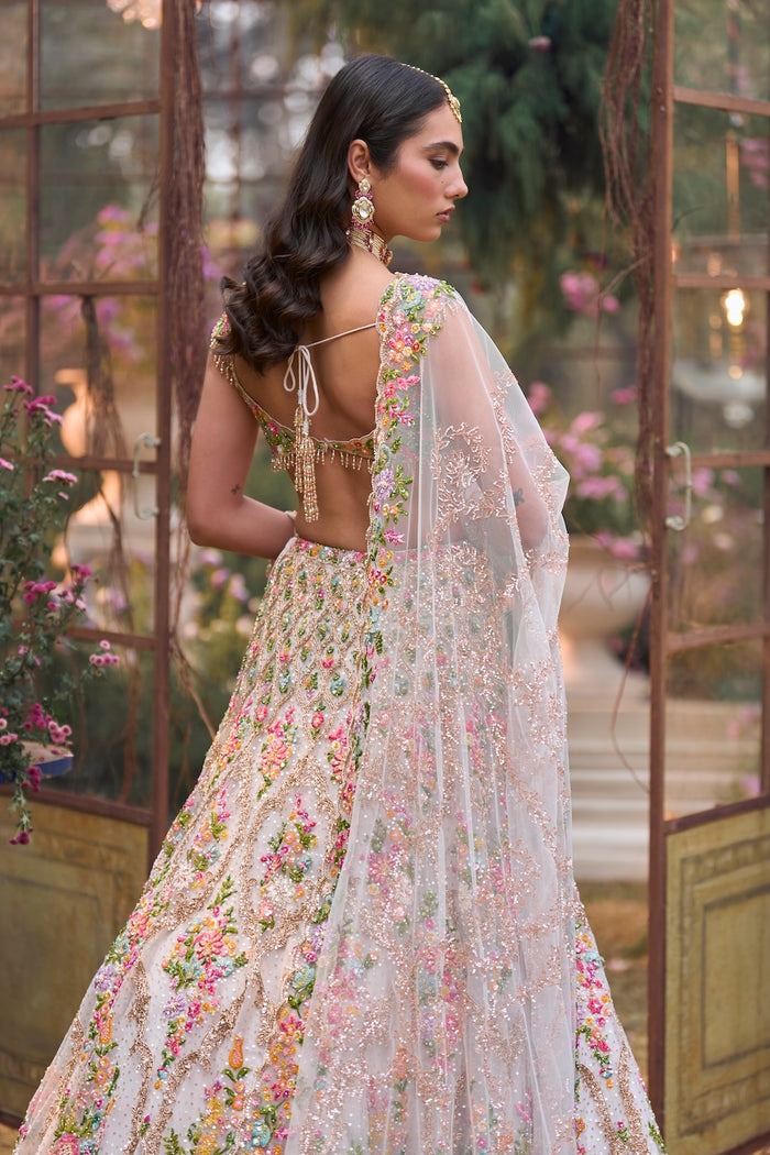 Blush Ivory Lehenga with Pastel Floral Zardozi and Sequin Embroidery