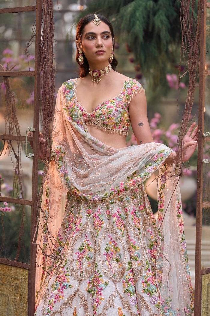 Blush Ivory Lehenga with Pastel Floral Zardozi and Sequin Embroidery