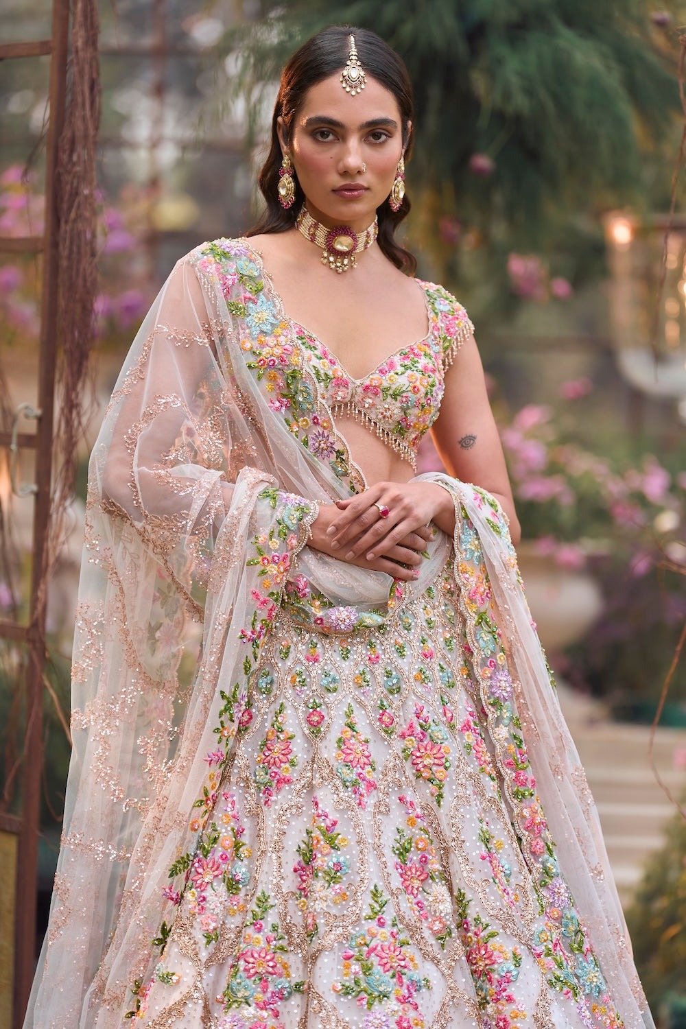 Blush Ivory Lehenga with Pastel Floral Zardozi and Sequin Embroidery