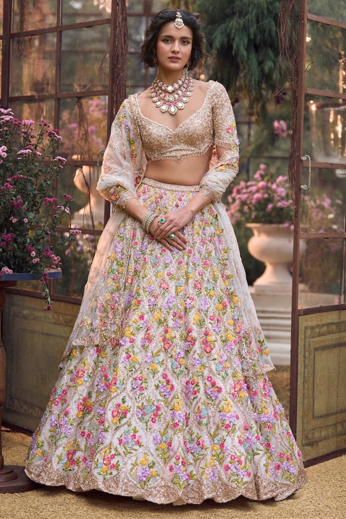 Champagne Gold Lehenga with Multicolour Floral Threadwork and Sequin Embellishment