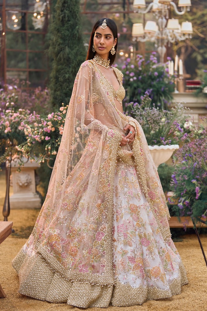 Blush Ivory Lehenga with Gold Zardozi and Pastel Floral Embroidery