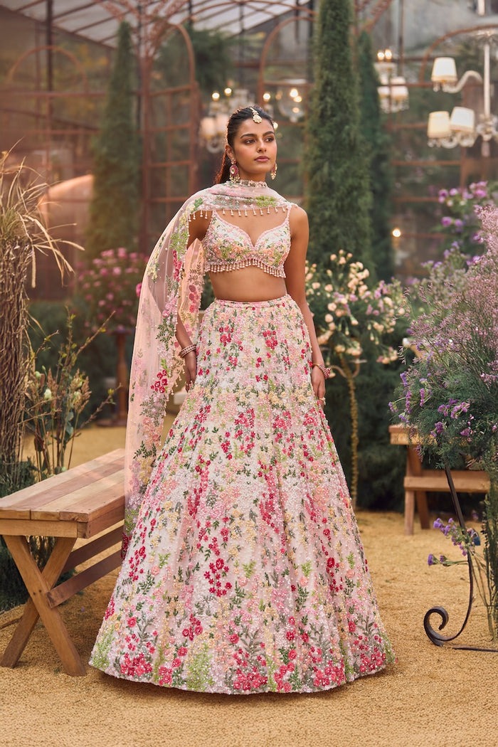 Blush Pink Lehenga with Multicolour Floral Threadwork and Sequin Embellishment