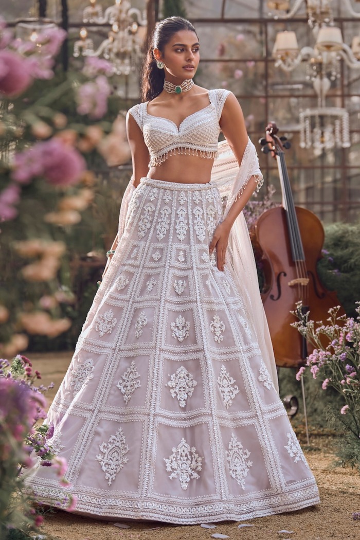 Pearl White Lehenga with Geometric Resham Embroidery and Sequin Detailing