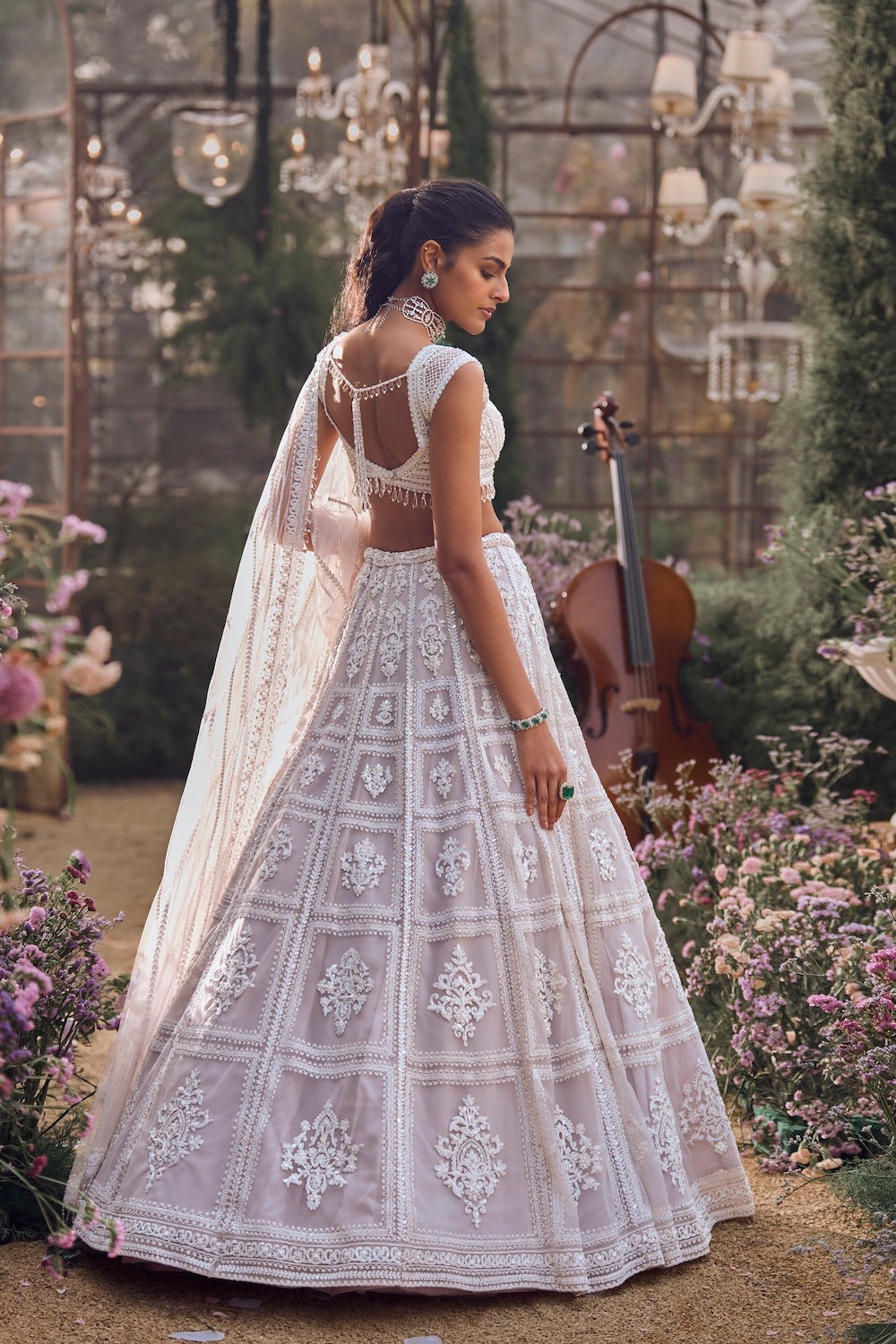 Pearl White Lehenga with Geometric Resham Embroidery and Sequin Detailing