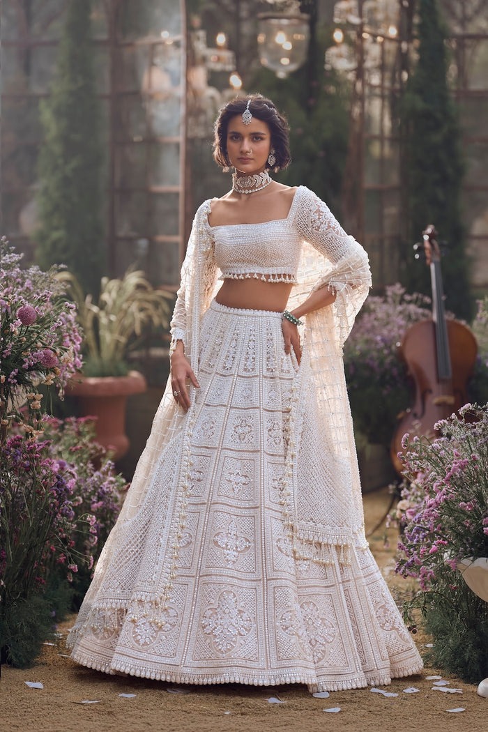 Ivory Lehenga with Structured Panel Embroidery and Pearl Sequin Detailing