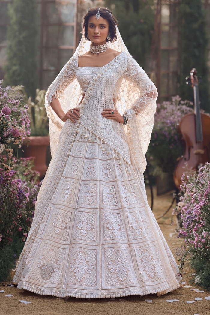Ivory Lehenga with Structured Panel Embroidery and Pearl Sequin Detailing