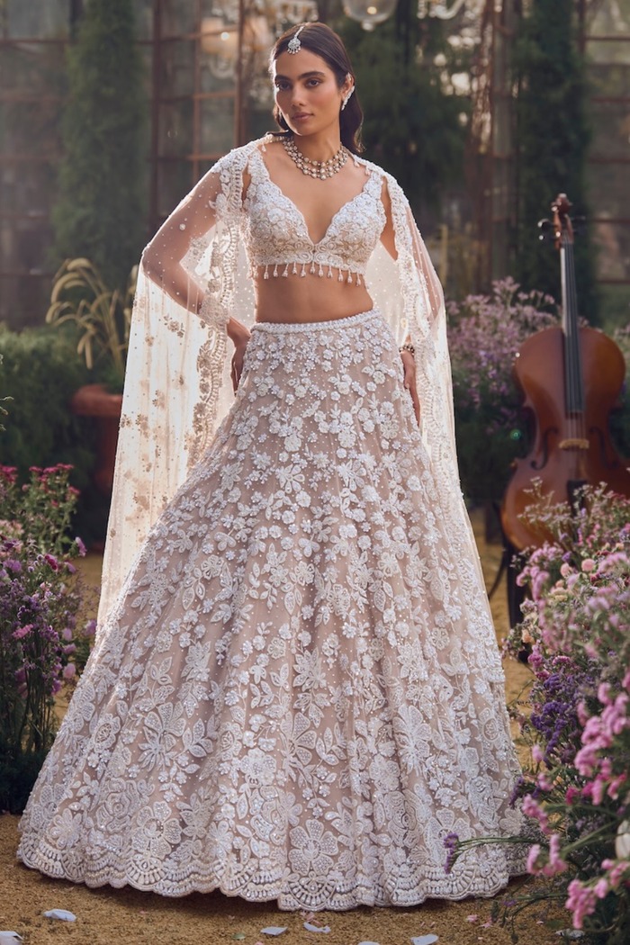 Champagne Ivory Lehenga with 3D Floral Embroidery and Pearl Sequin Detailing