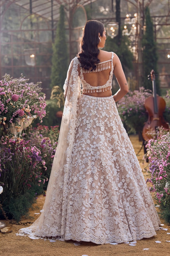 Champagne Ivory Lehenga with 3D Floral Embroidery and Pearl Sequin Detailing