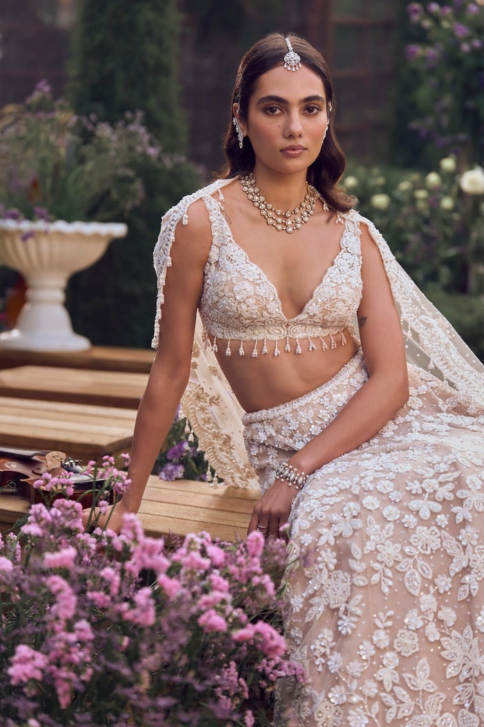 Champagne Ivory Lehenga with 3D Floral Embroidery and Pearl Sequin Detailing