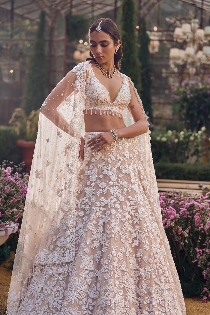 Champagne Ivory Lehenga with 3D Floral Embroidery and Pearl Sequin Detailing