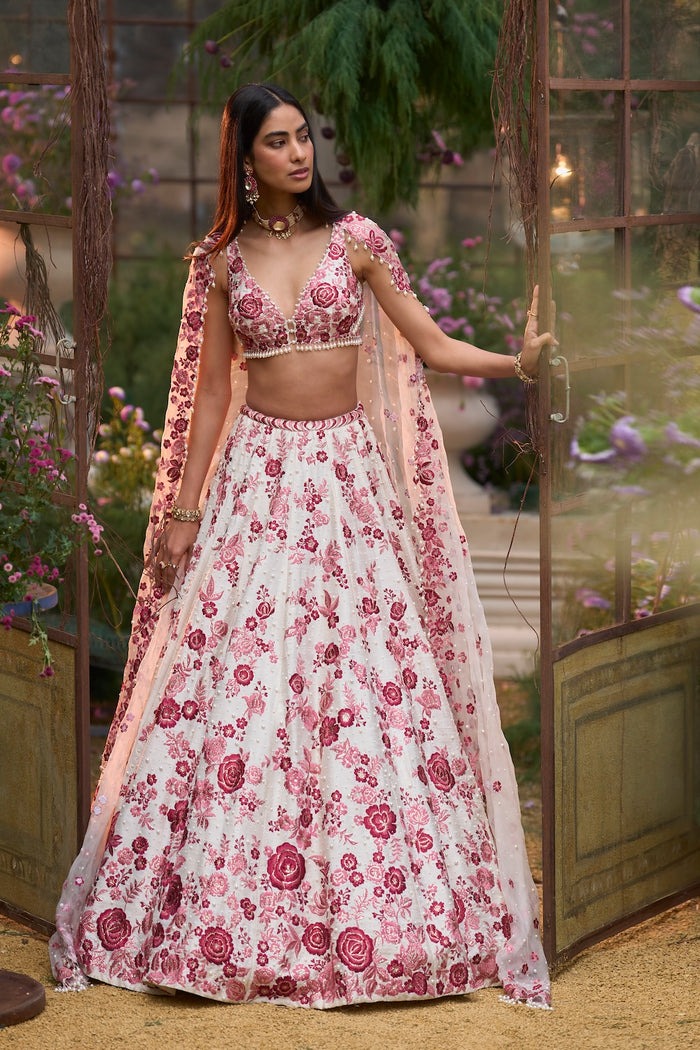 Ivory Lehenga with Crimson Rose Embroidery and Sequin Detailing