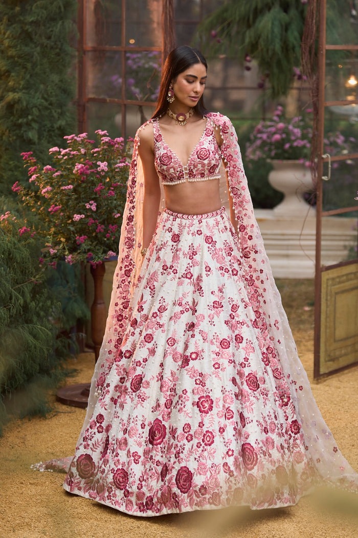 Ivory Lehenga with Crimson Rose Embroidery and Sequin Detailing