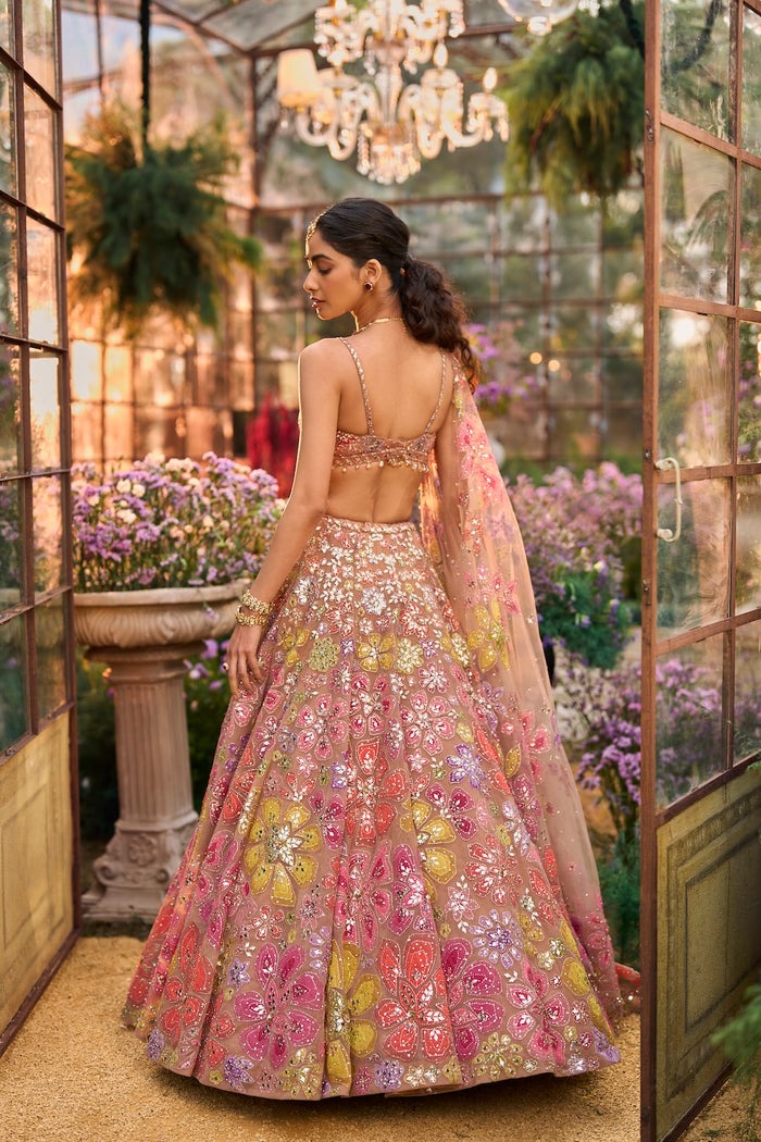 Blush Gold Lehenga with Multicolour Floral Sequin and Zardozi Embroidery