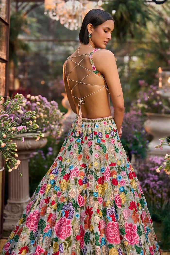 Pistachio Ivory Lehenga with Multicolour Floral Zardozi and Sequin Embroidery
