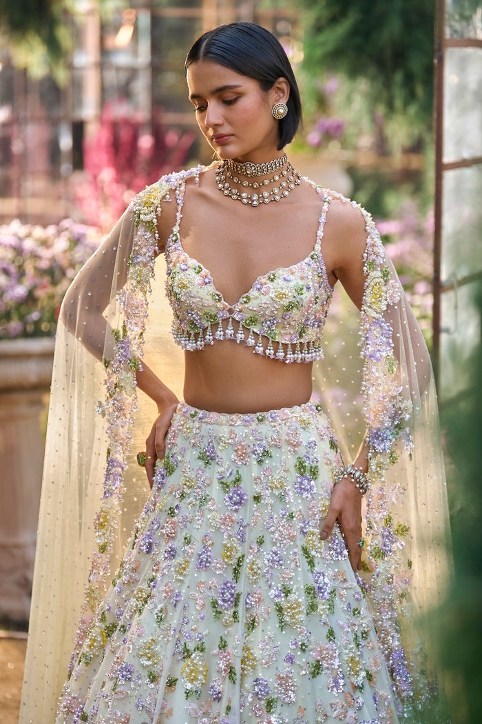 Mint Ivory Lehenga with Pastel Floral Sequin and Zardozi Embroidery