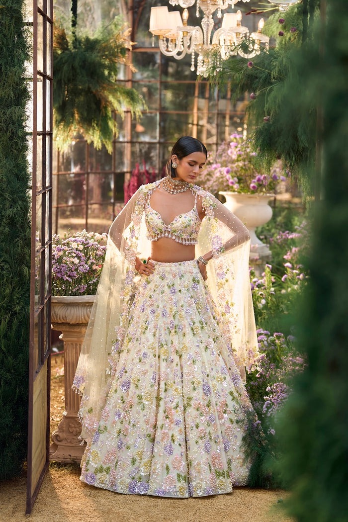 Mint Ivory Lehenga with Pastel Floral Sequin and Zardozi Embroidery