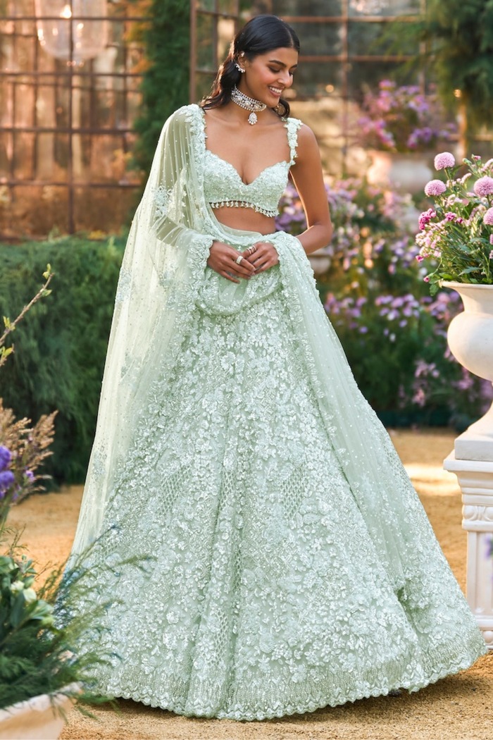 Mint Green Lehenga with Intricate Floral Threadwork and Sequin Embellishment