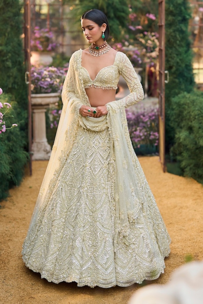 Pistachio Gold Lehenga with Intricate Zardozi and Sequin Embroidery