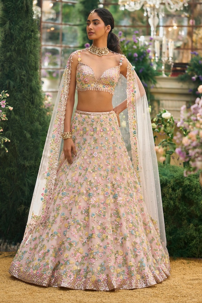Blush Peach Lehenga with Pastel Floral Zardozi and Sequin Embroidery