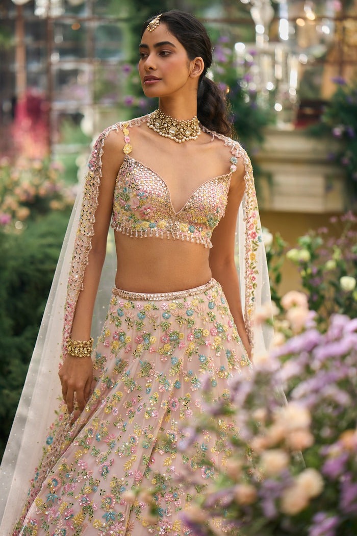 Blush Peach Lehenga with Pastel Floral Zardozi and Sequin Embroidery