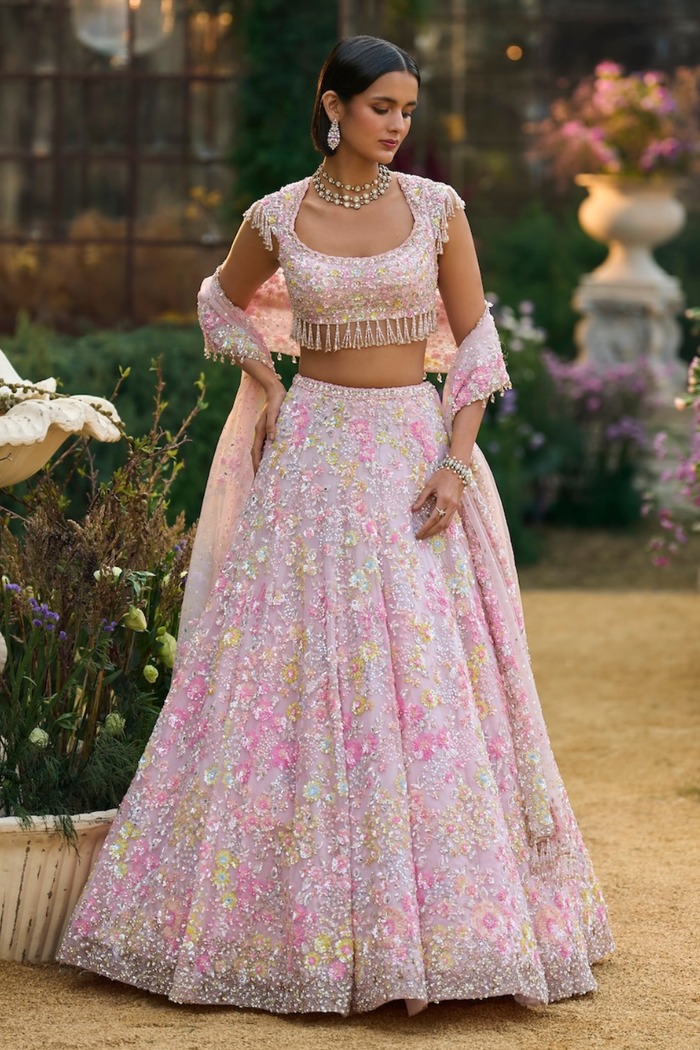 Blush Pink Lehenga with Pastel Floral Sequin and Zardozi Embellishment
