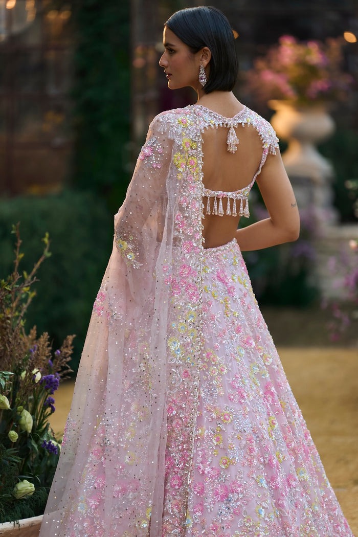 Blush Pink Lehenga with Pastel Floral Sequin and Zardozi Embellishment
